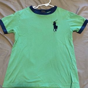 Green big logo polo tee.